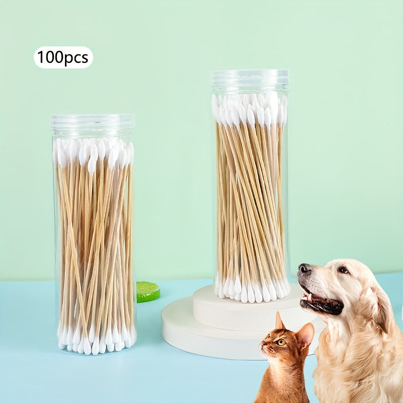 100pcs Long Pet Cotton Swabs Wood Handle Ear Cleaning