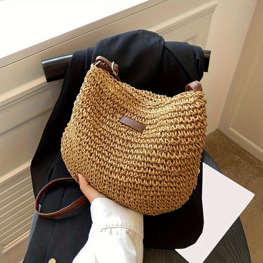 Women's Rattan Crossbody Bag Saddle Straw Woven Shoulder Handbag