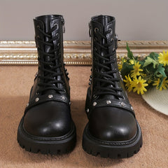 Women's Studded Platform Boots Chunky Heel Combat Shoes