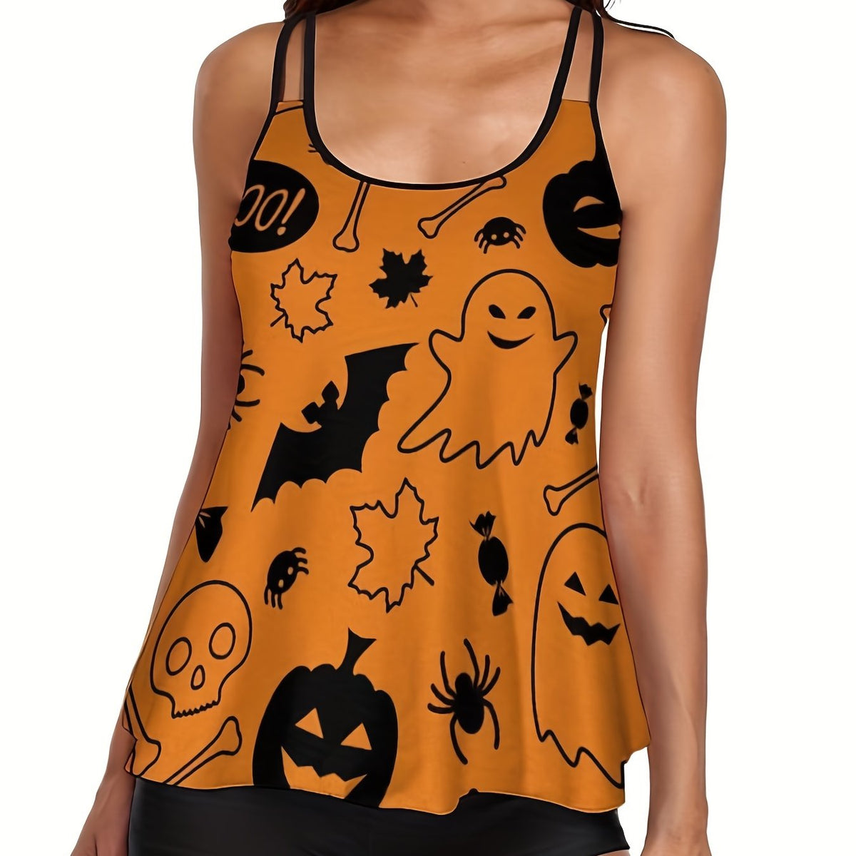 Halloween Tankini Set Women's Plus Ghost & Pumpkin Print Swimwear