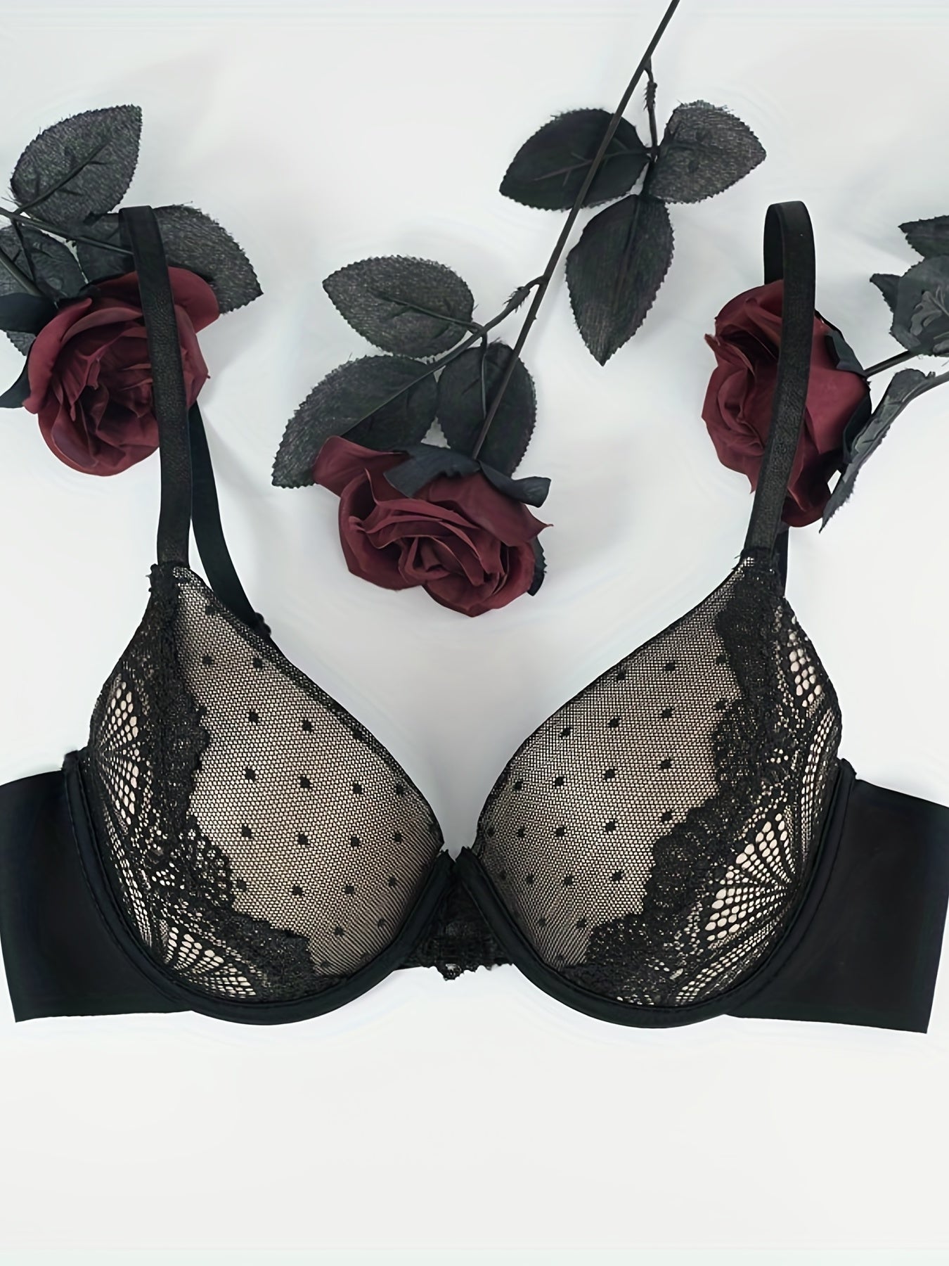 Contrast Lace Push Up Bra Polka Dot Pattern Women's Lingerie