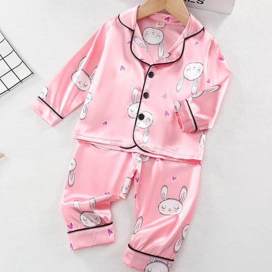 Girl's Rabbit Pattern 2pcs Button Front Long Sleeve Top & Pants Set