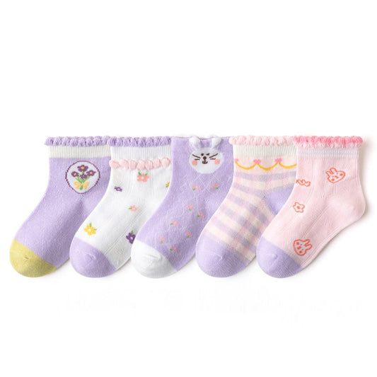 Girls Ruffled Flower Print Knit Socks Cartoon Mesh Breathable Socks