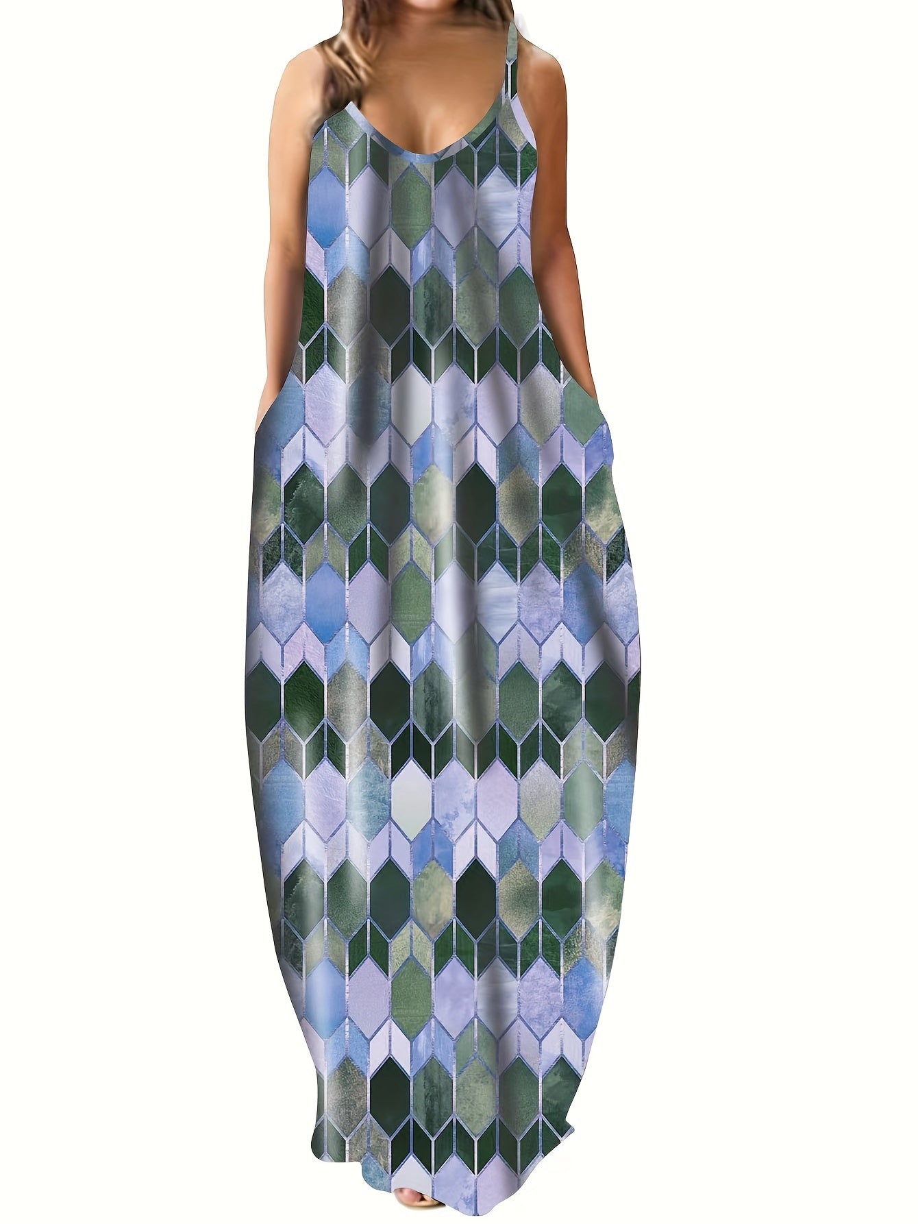  Colorblock Geometric Print Maxi Cami Dress