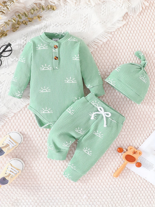 Infant Baby Boy Clothes Ribbed Knitted Sun Print Long Sleeve Romper