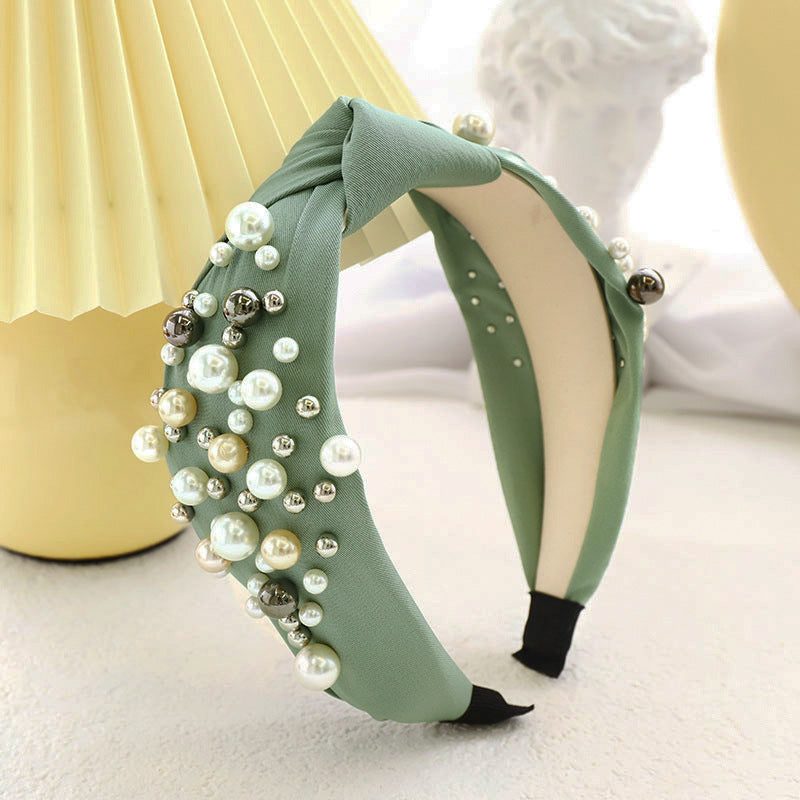 Solid Fabric Knotted Headband with Faux Pearl Hair Bow