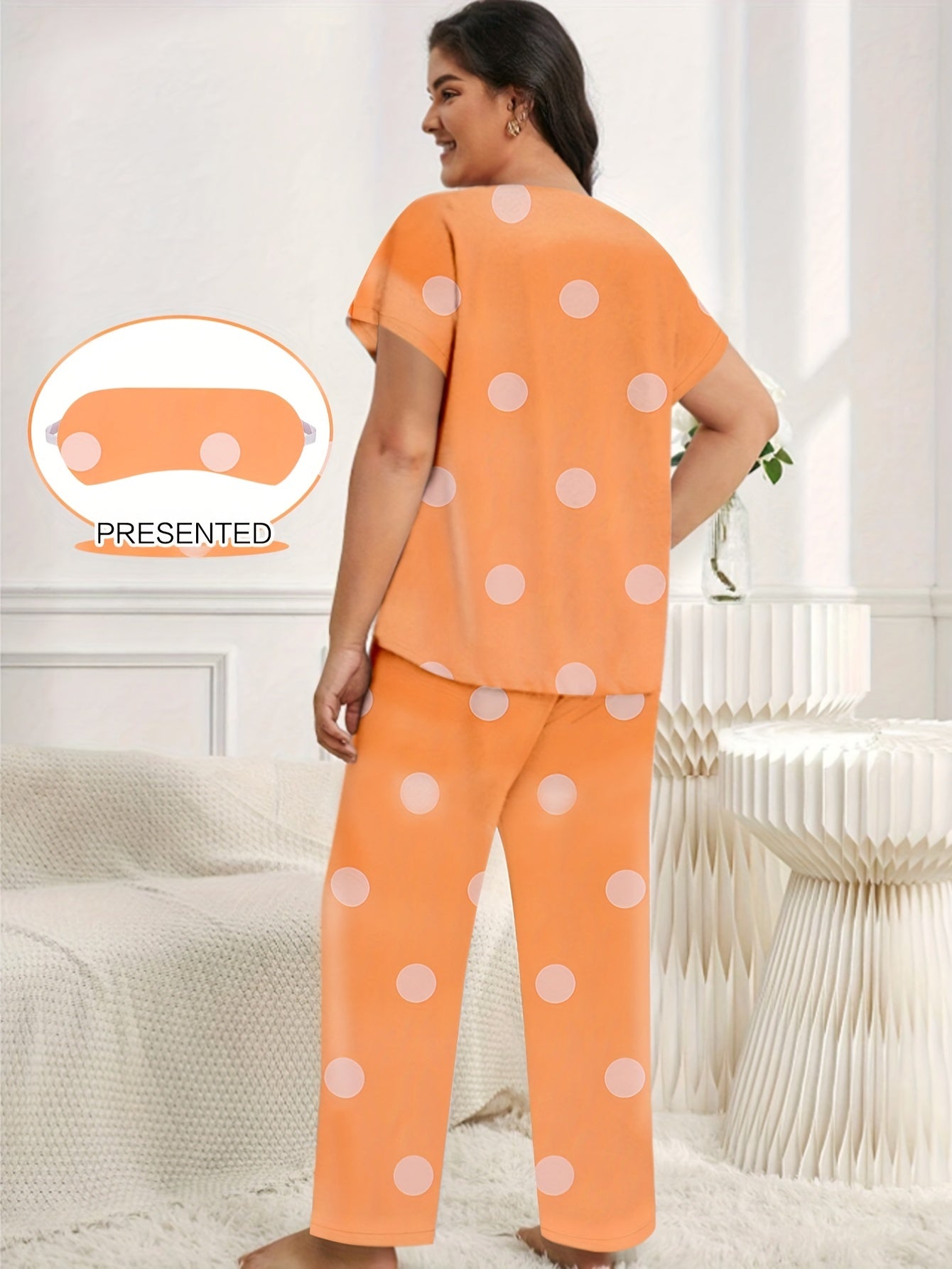  Polka Dot Satin Pajama Set with Eye Mask