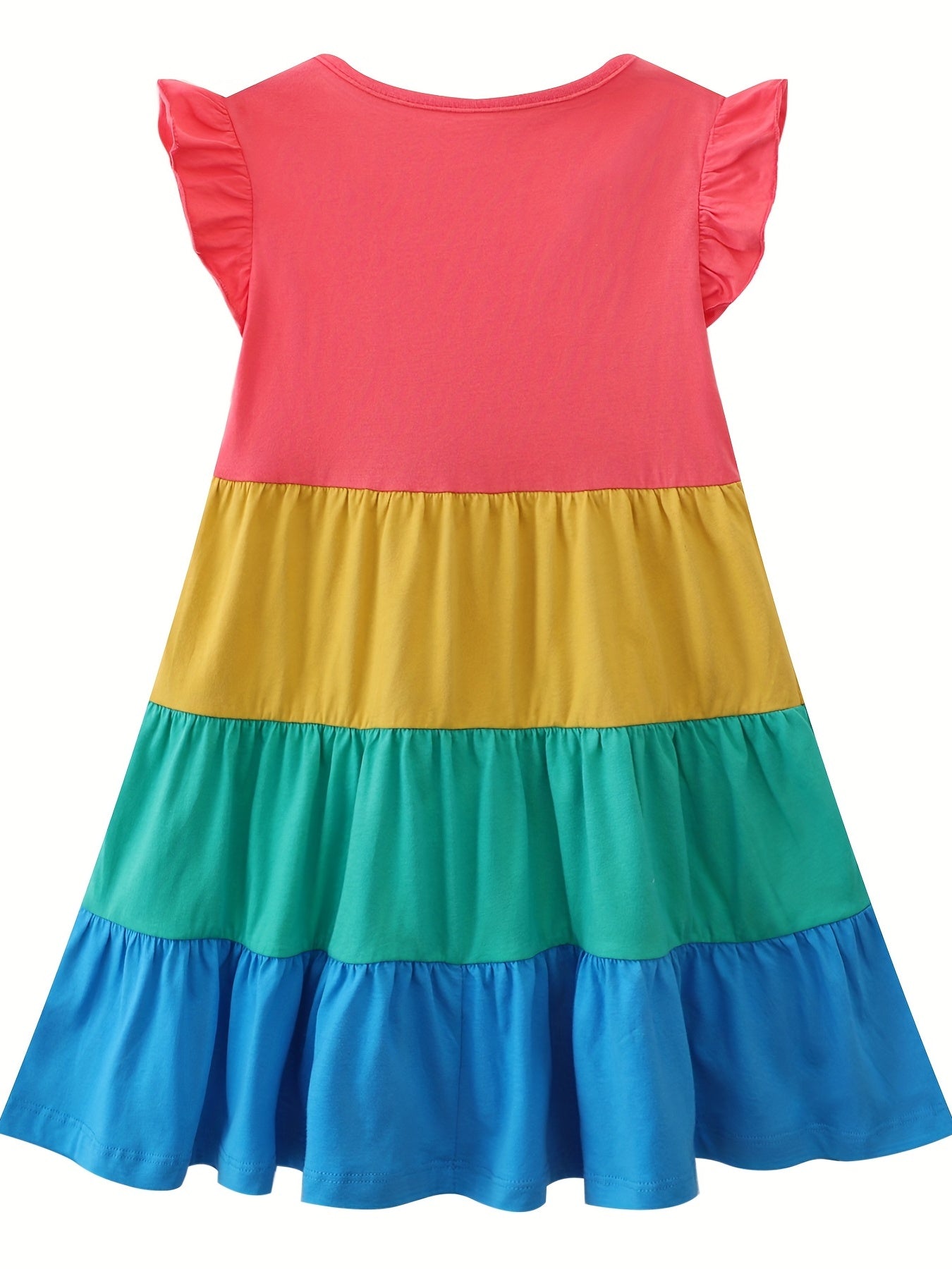 Girls Ruffled Sleeves Crew Neck Block Cotton Loose Dress