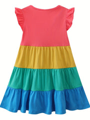 Girls Ruffled Sleeves Crew Neck Block Cotton Loose Dress
