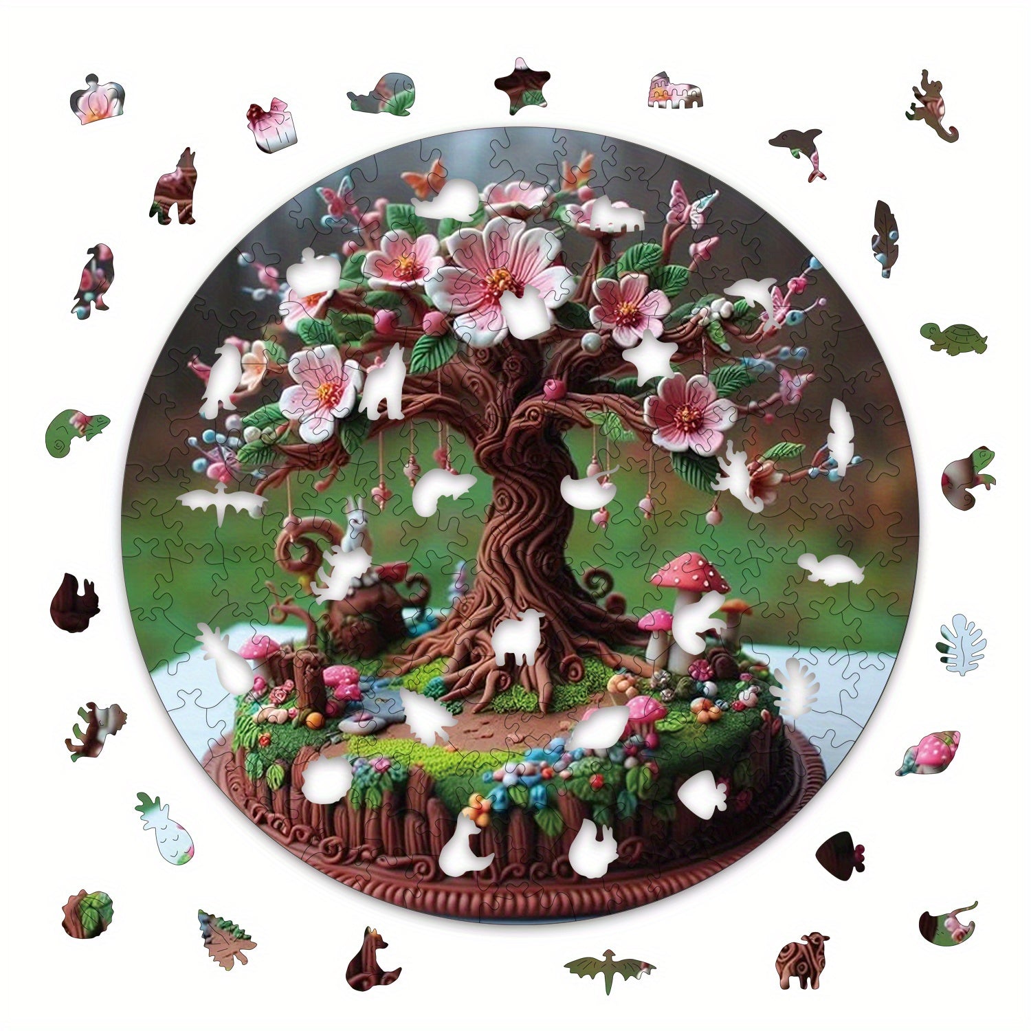 Plywood Puzzle 500 Pieces Vibrant Peach Tree with Mushrooms & Flowers