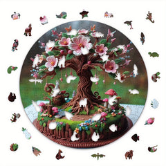 Plywood Puzzle 500 Pieces Vibrant Peach Tree with Mushrooms & Flowers