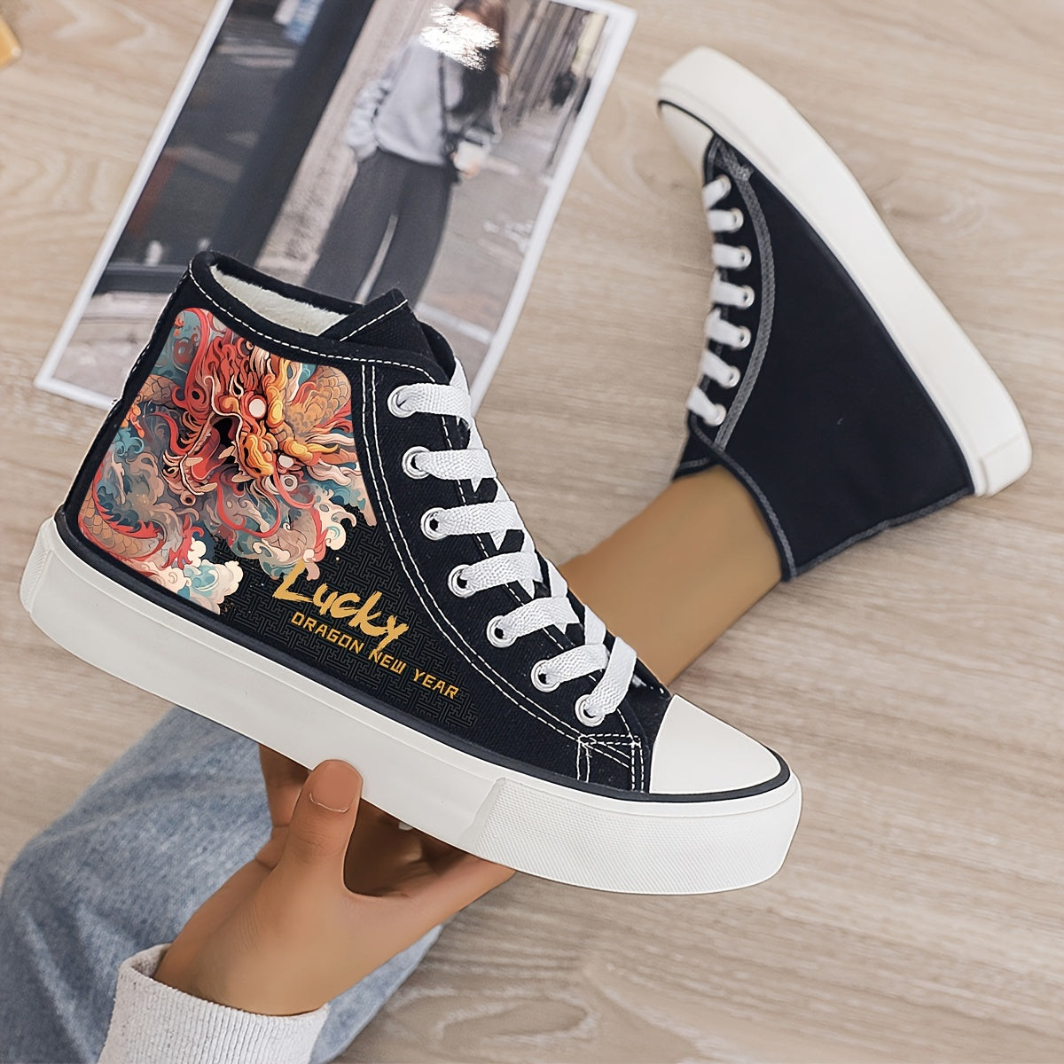 Dragon Print Plush Lined Chunky Canvas Sneakers