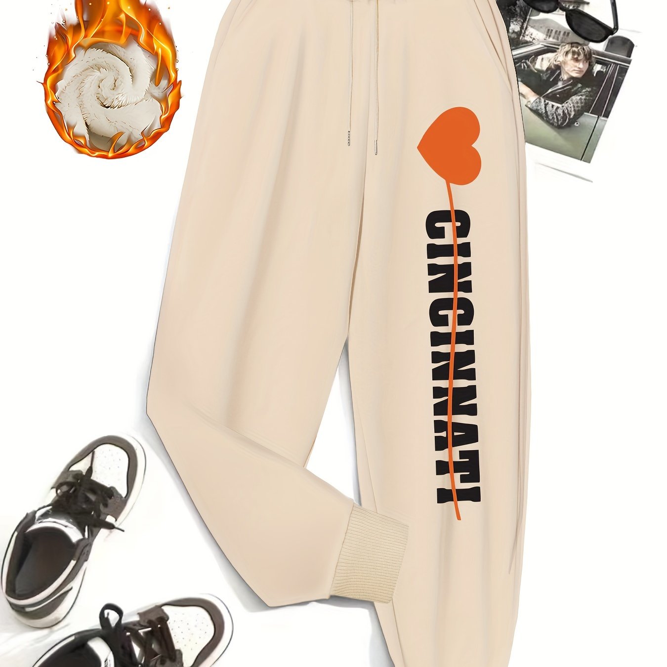 Women's Plus Size Fleece Liner Joggers, Heart Print, Elastic Drawstring