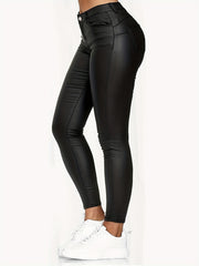  Solid PU Leather High Rise Skinny Trousers