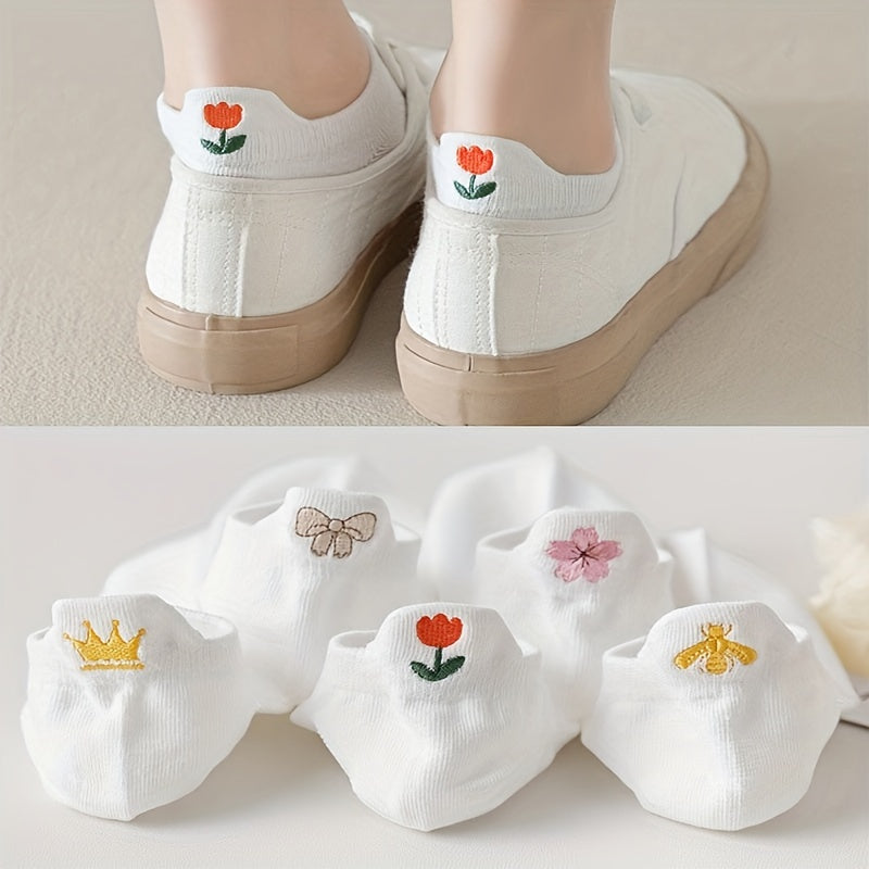 5 Pairs Embroidery Ankle & Low Cut Socks Women's Stockings