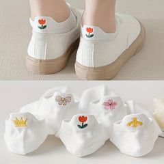 5 Pairs Embroidery Ankle & Low Cut Socks Women's Stockings