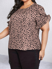 Women's Plus Leopard Print Ruffle Trim Petal Sleeve Round Neck Blouse
