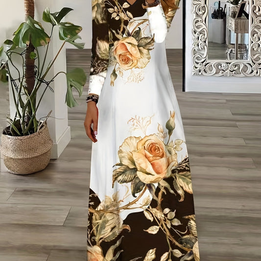  Floral Print Long Sleeve V Neck Maxi Dress
