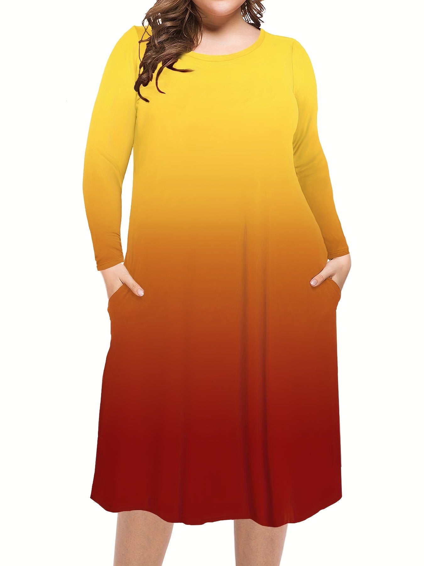  Sunflower Print Long Sleeve Midi Dress with Pockets