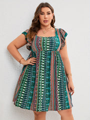 Women's Plus Boho Print Ruffle Short Sleeve Dress