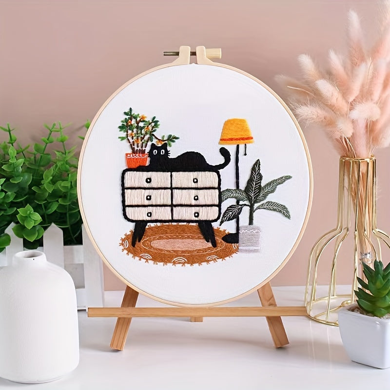 Cat Embroidery Kit DIY Starter Set with Hoop