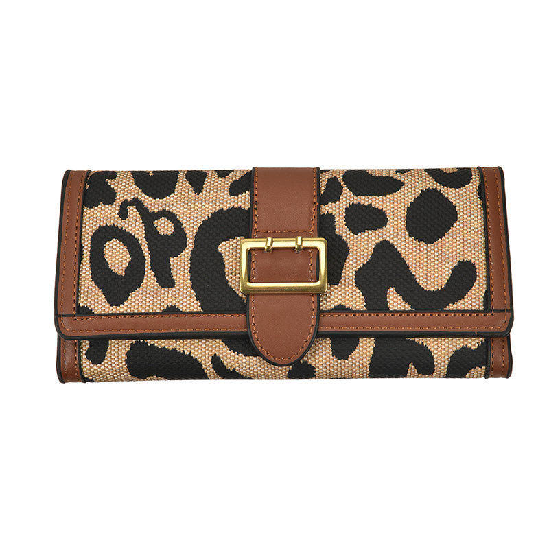 Leopard Pattern Long Purse Trifold Clutch Vintage Buckle Wallet