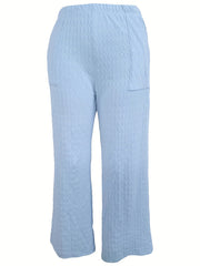  Solid Textured Wide Leg Trousers With Pockets