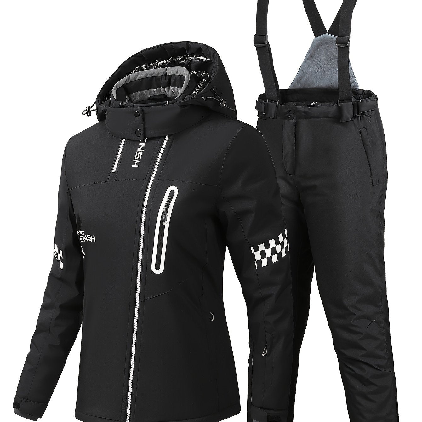 Checkerboard & Letter Print Ski Set Hooded Jacket & S