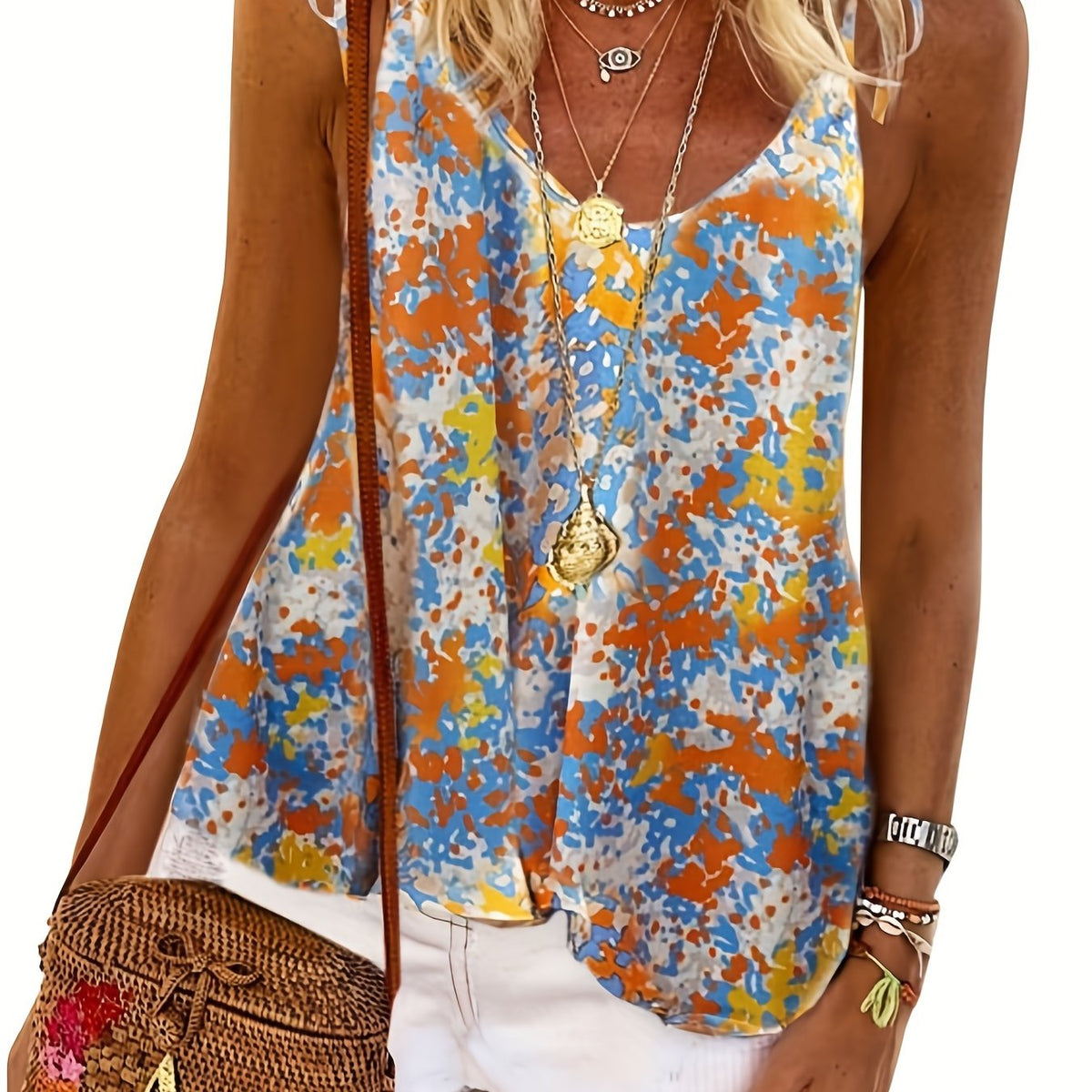 Casual Cami Top Random Print Round Neck Tie Shoulder
