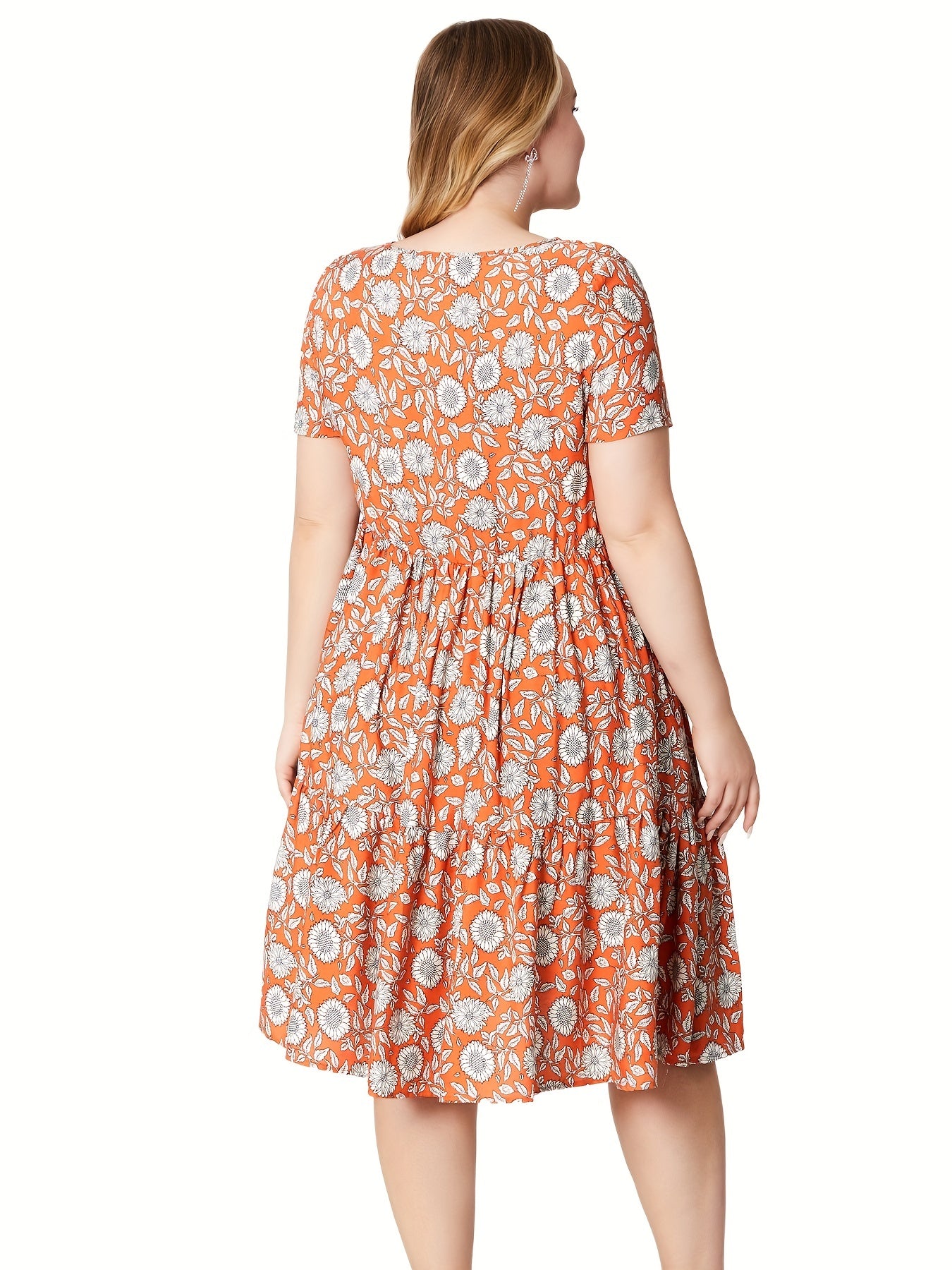 Plus Size Floral Print Short Sleeve Round Neck Ruched Smock Dress