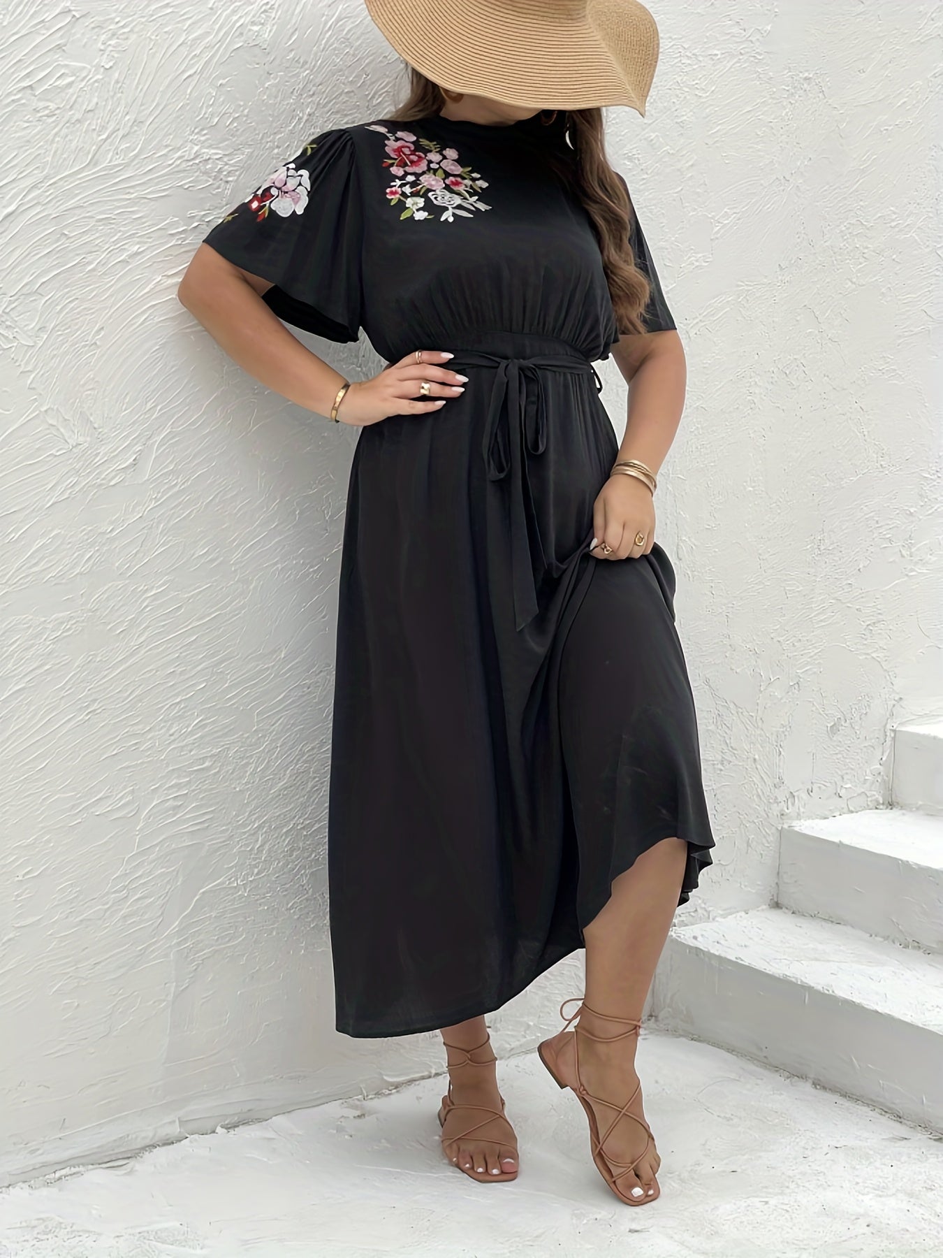  Floral Embroidered Short Sleeve Dress With Cut Out Tie Back