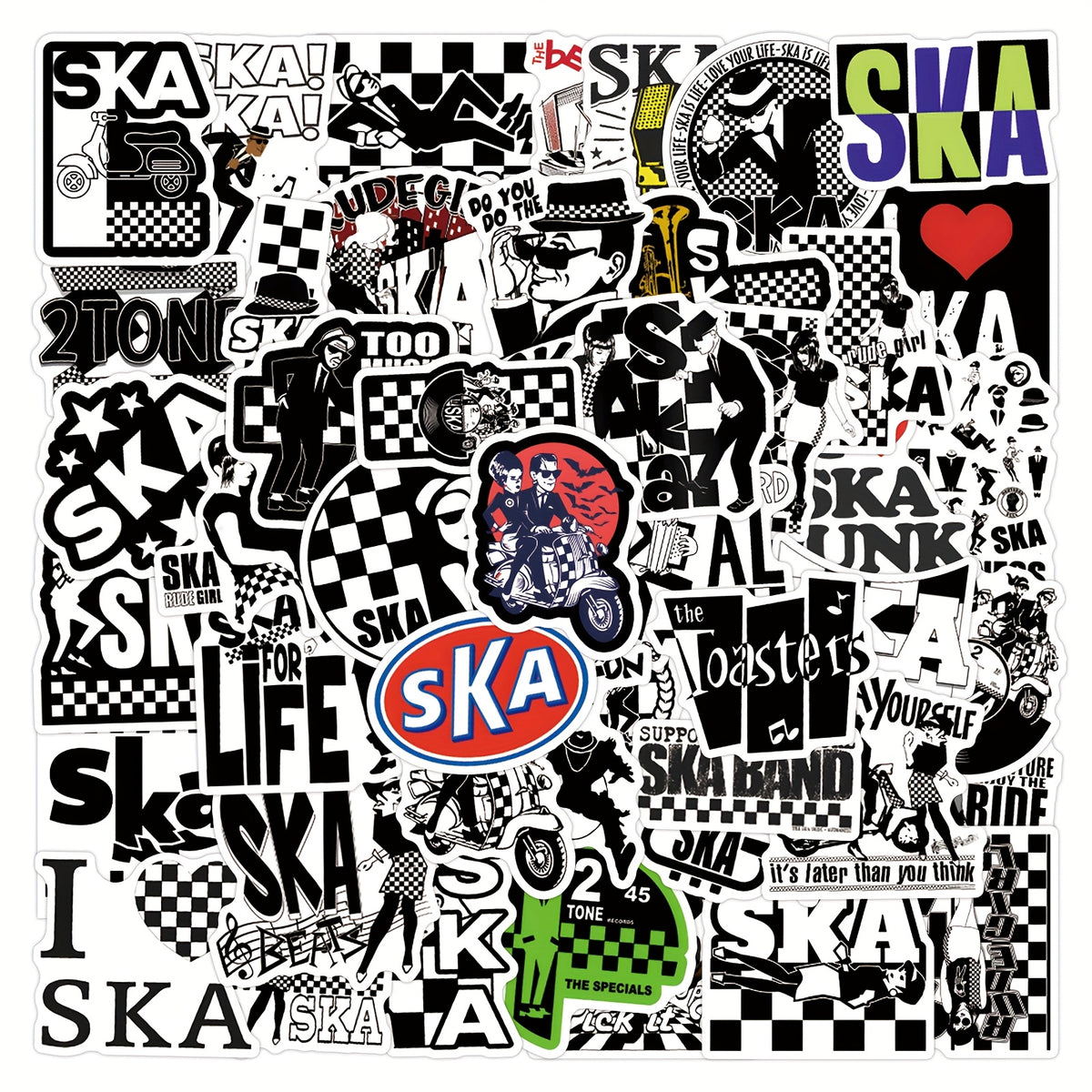 55pcs Ska Stickers Checkered Flags Music Skate Shoes Designs PVC Decals