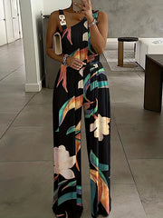 Floral Print Wide Leg Jumpsuit with Chain Straps