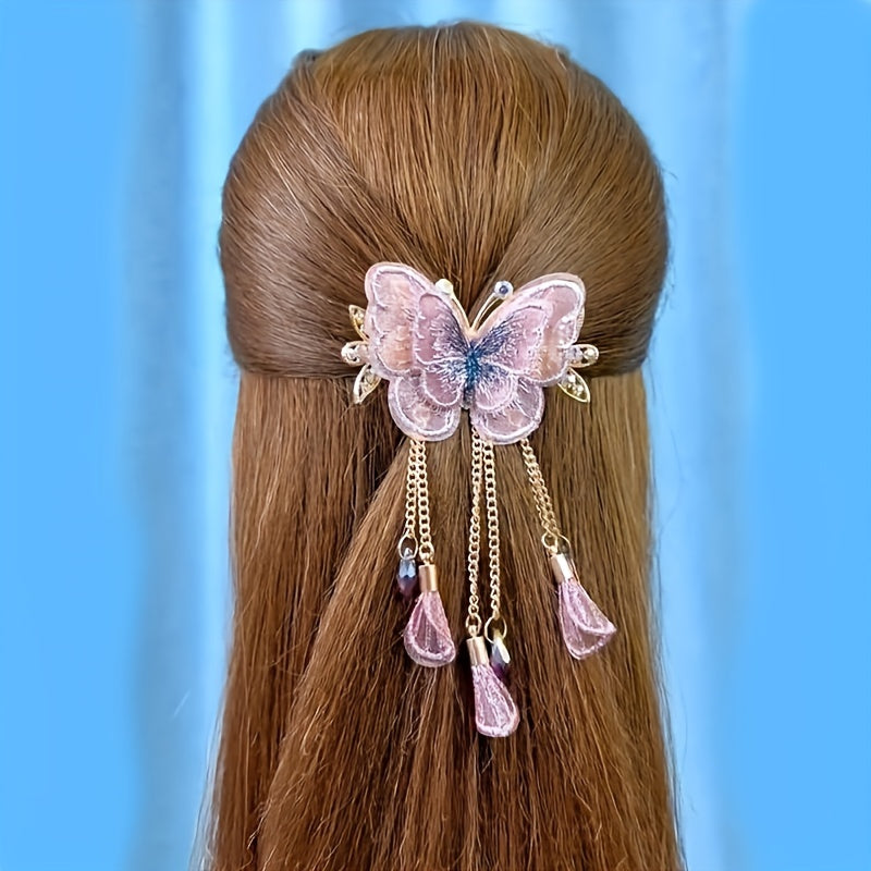 Embroidered Butterfly Decor Barrette with Beaded Tassel Hair Clip