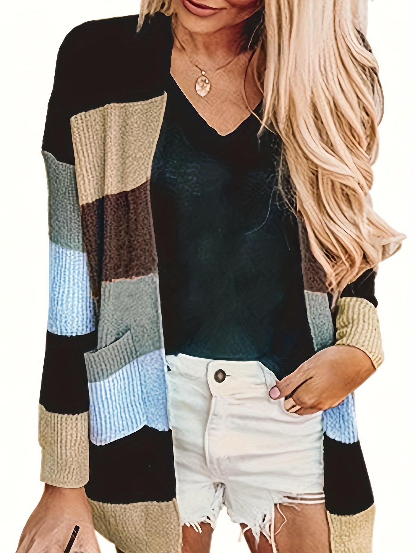  Colorblock Long Sleeve Open Front Cardigan With Pockets