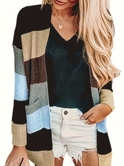  Colorblock Long Sleeve Open Front Cardigan With Pockets