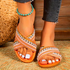 Women's Tribal Style Flat Slippers Open Toe with Faux Pearl Sequin Decor