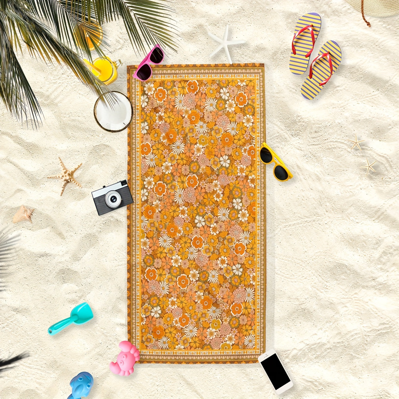 Yellow Flower Pattern Fiber Beach Towel Lightweight Pool Towel