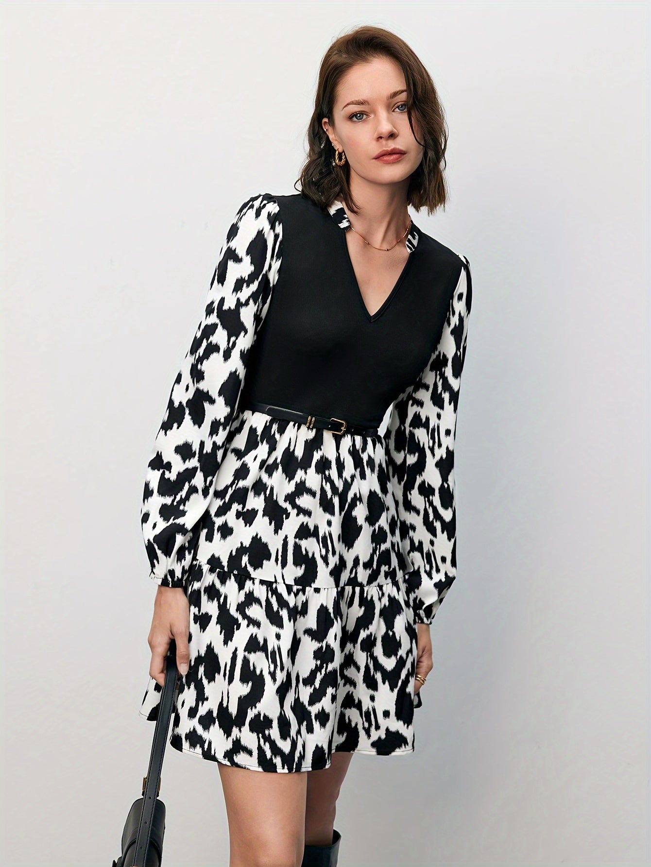  Colorblock Leopard Print Lantern Sleeve V Neck Smock Dress