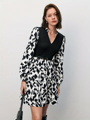  Colorblock Leopard Print Lantern Sleeve V Neck Smock Dress