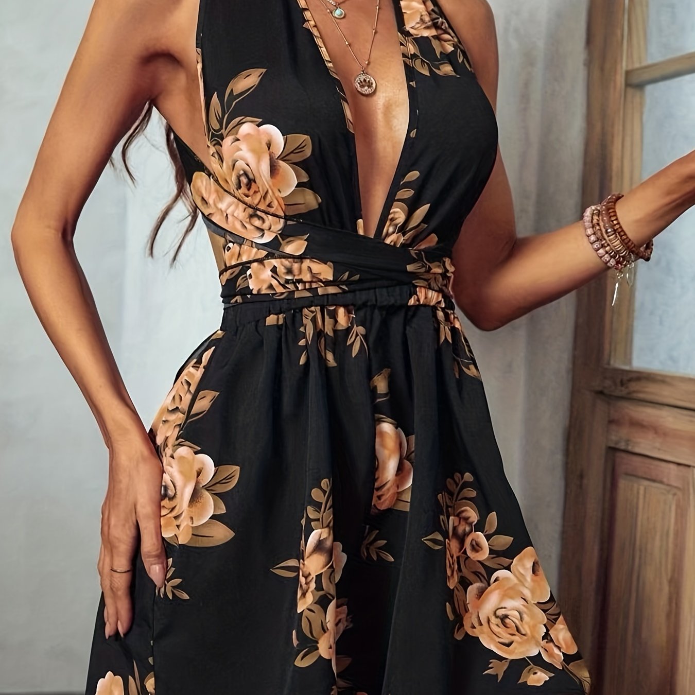 Floral Print Belted Romper Jumpsuit Plunge Neck Backless Halter Romper Jumpsuit