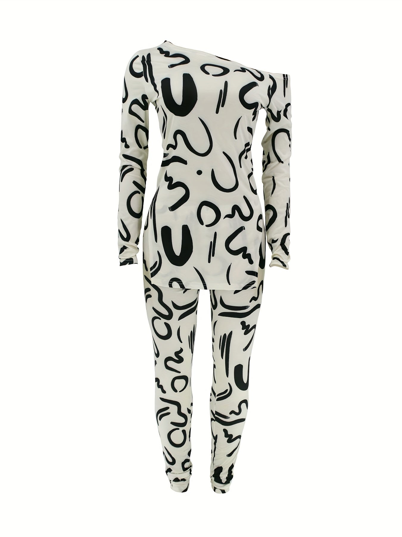 Abstract Print Two piece Set Off Shoulder Top & Pants