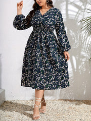  Ditsy Print Lantern Sleeve Midi Dress