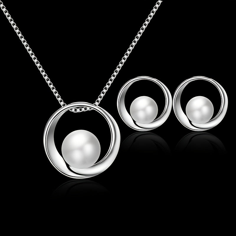 Faux Pearl Inlaid Round Jewelry Set Pendant Necklace & Stud Earrings