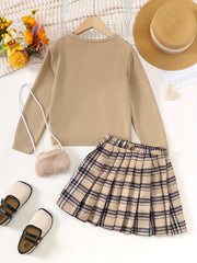 Girl's 3pcs Casual Outfit Sweatshirt & Plush Bag & Pleated Skirt S