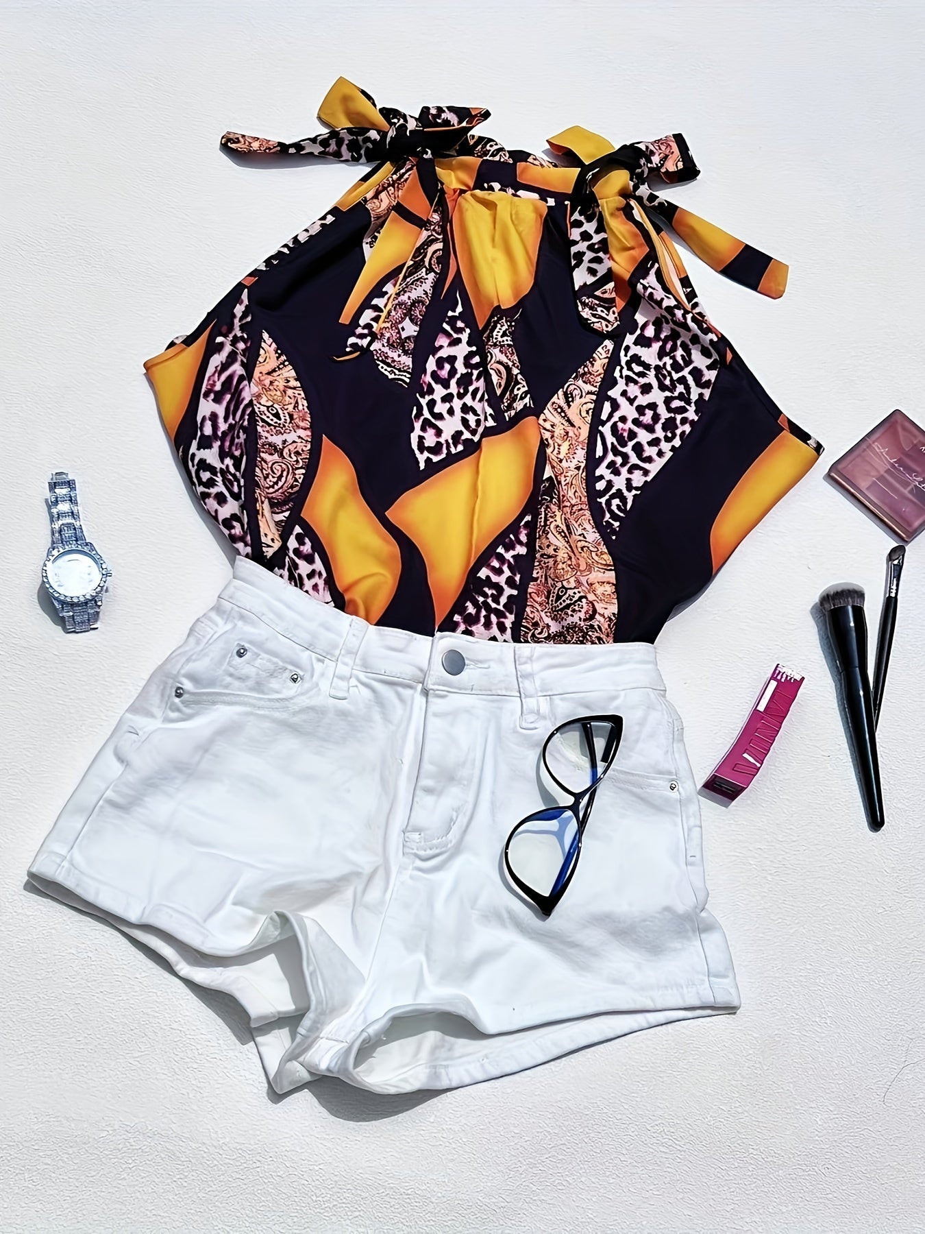 Colorblock Leopard & Baroque Print Knot Mock Neck Blouse