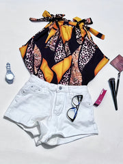  Colorblock Leopard & Baroque Print Knot Mock Neck Blouse