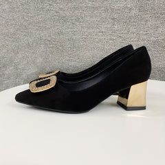 Women's Pointed Toe High Heels Square Metallic Slip On Shoes