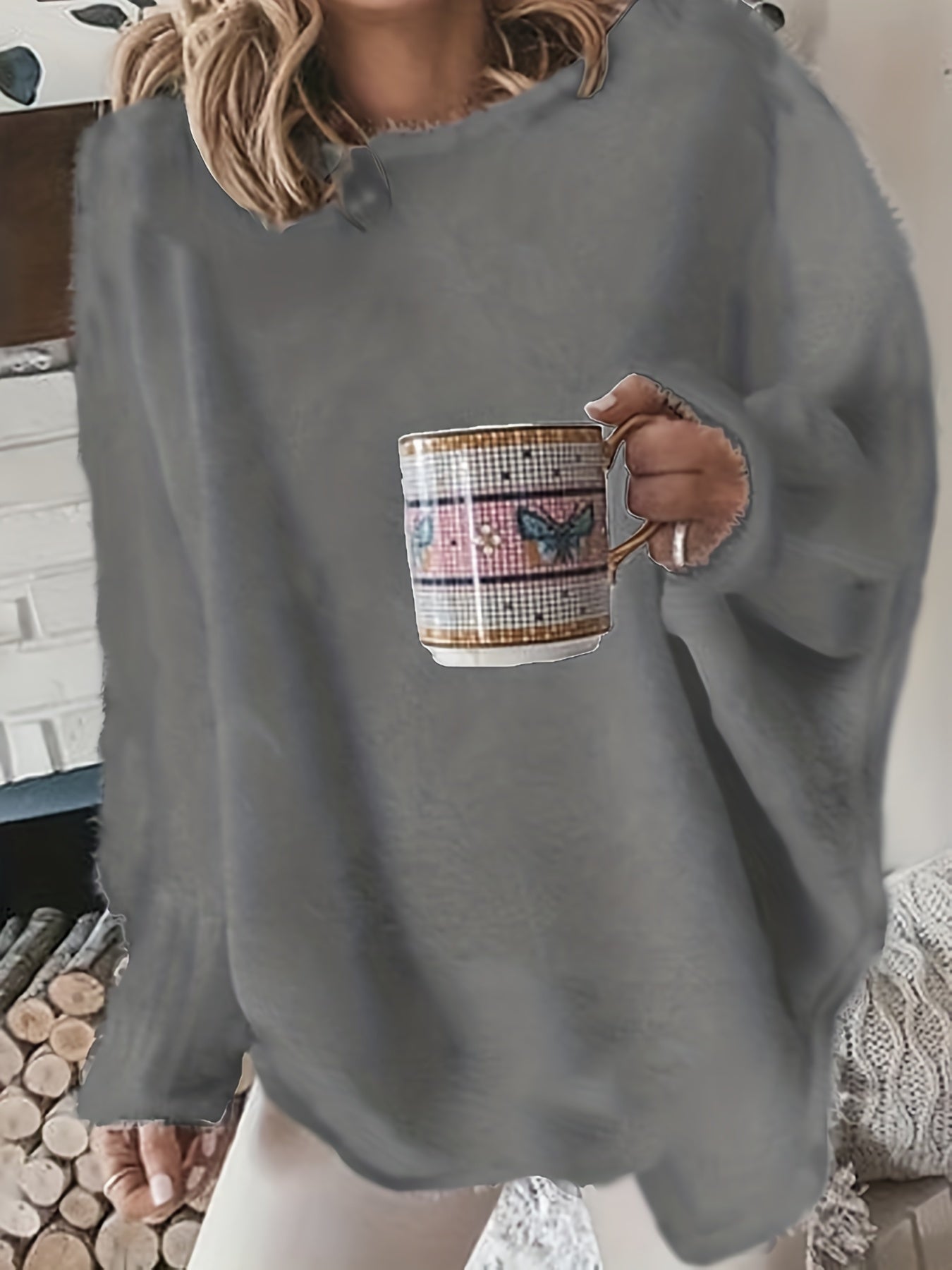Women's Plus Solid Fluffy Round Neck Sweater