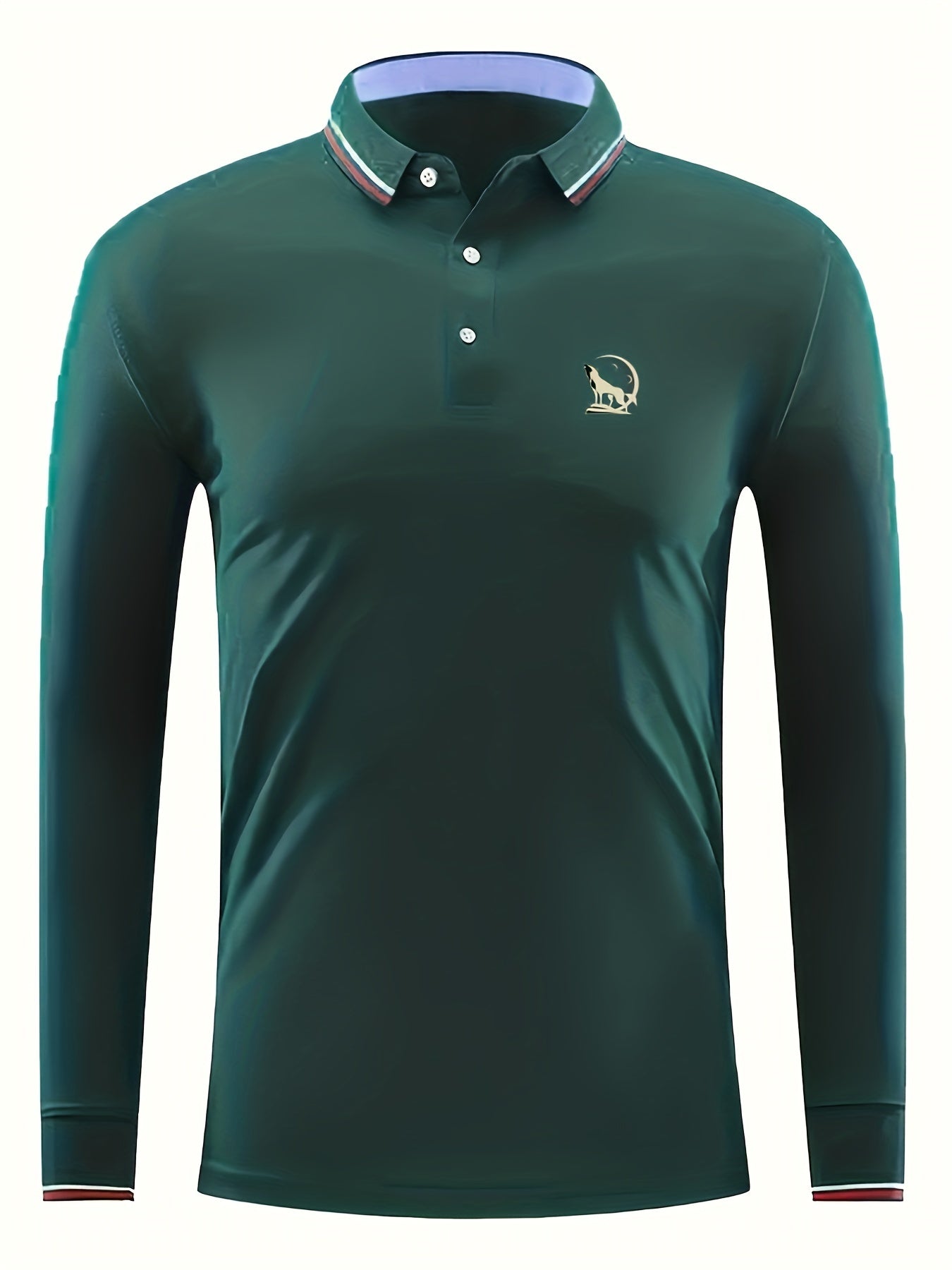 Men's Wolf & Moon Print Polo Shirt Long Sleeve